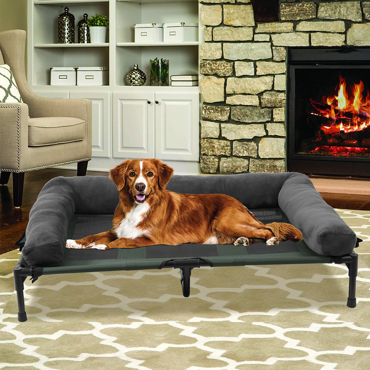 Extra Large Indoor/ Outdoor Waterproof Cooling Elevated Dog Bed with Bolster Raised Pet Lounger