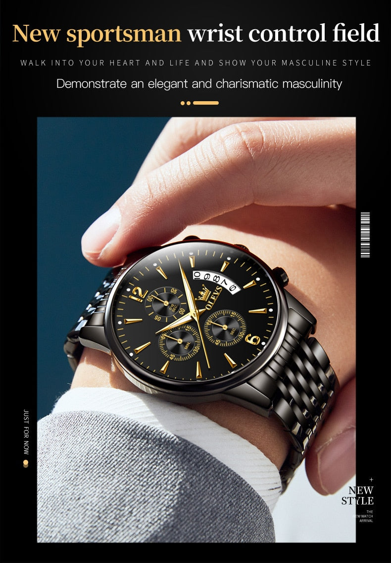 Men's Luminous Complete Calendar Moon Phase Water Resistant Stainless Steel Wristwatch - wonderfullyblessedandbeautifullymade