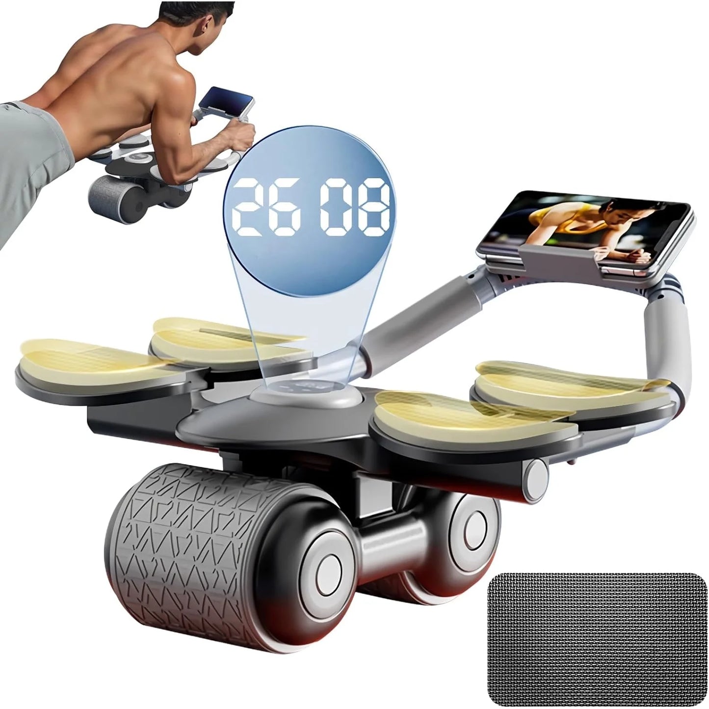 Ab Roller Wheel with Knee Mat & Timer - Ultimate Core Exercise Equipment with Elbow Support & Automatic Rebound
