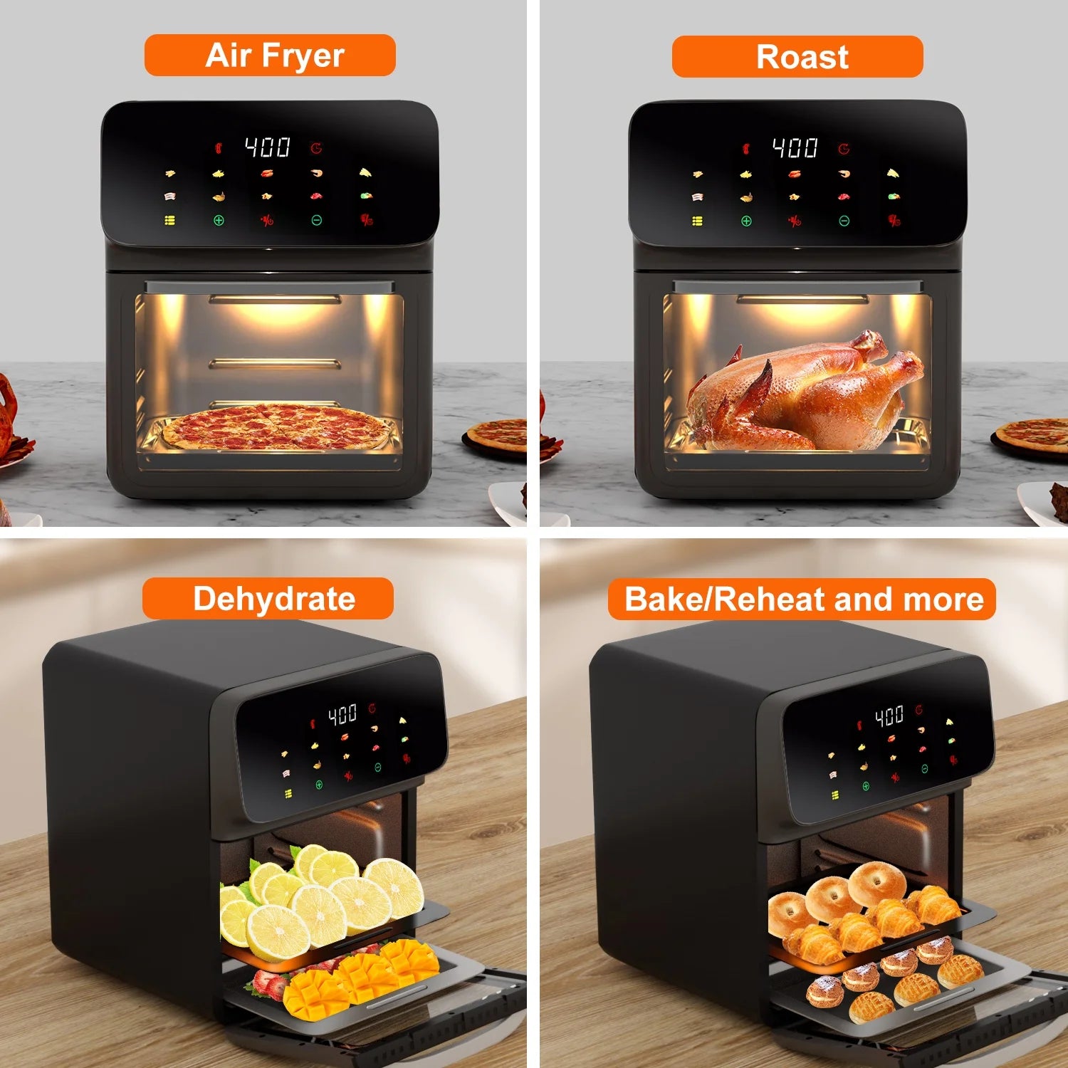 12QT Air Fryer Convection Oven - 10-in-1 Multi-Function, Touchscreen & Visible Window, Sleek Black Design