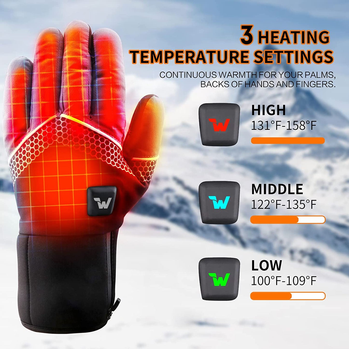 Unisex Waterproof Electric Heated Touchscreen Ski Gloves - 3 Heat Levels