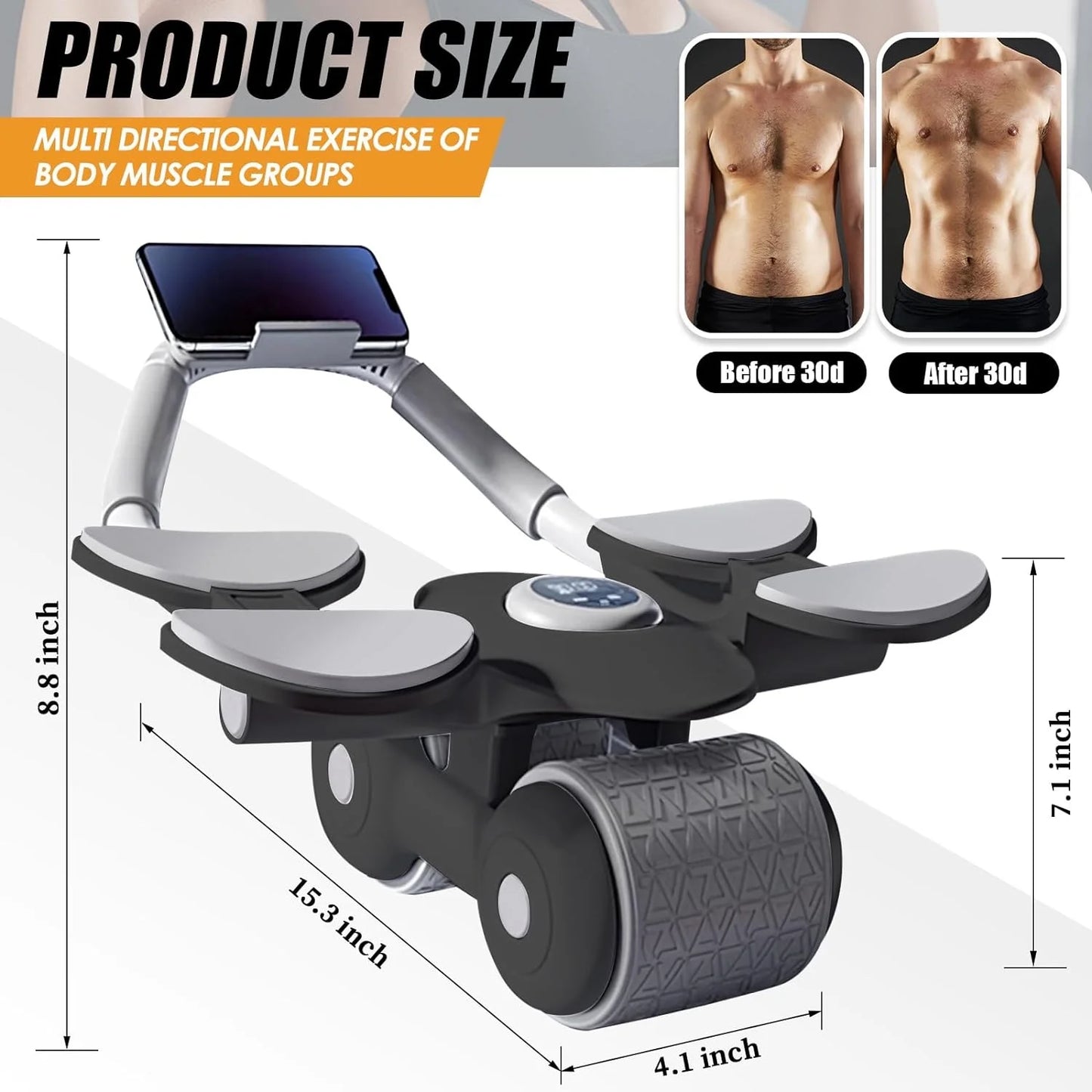  Ab Roller Wheel with Knee Mat & Timer - Ultimate Core Exercise Equipment with Elbow Support & Automatic Rebound