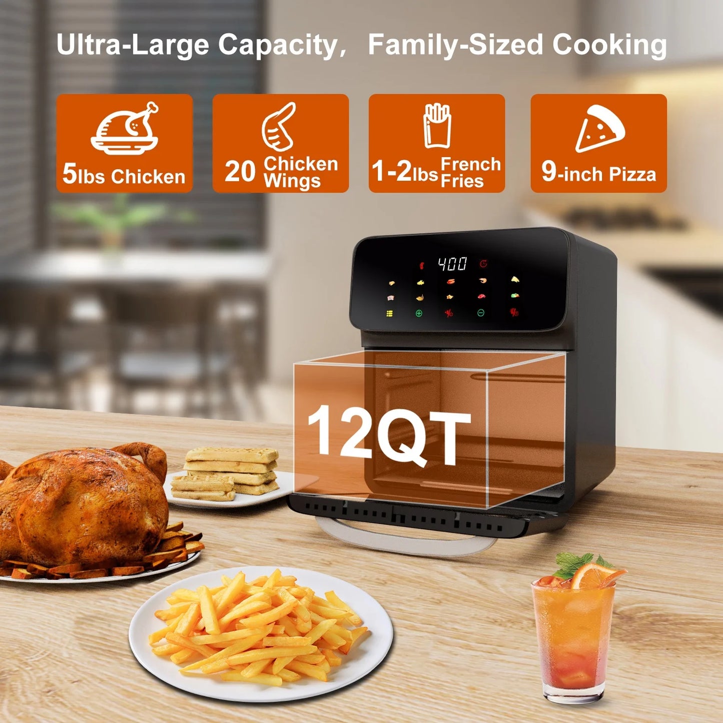 12QT Air Fryer Convection Oven - 10-in-1 Multi-Function, Touchscreen & Visible Window, Sleek Black Design