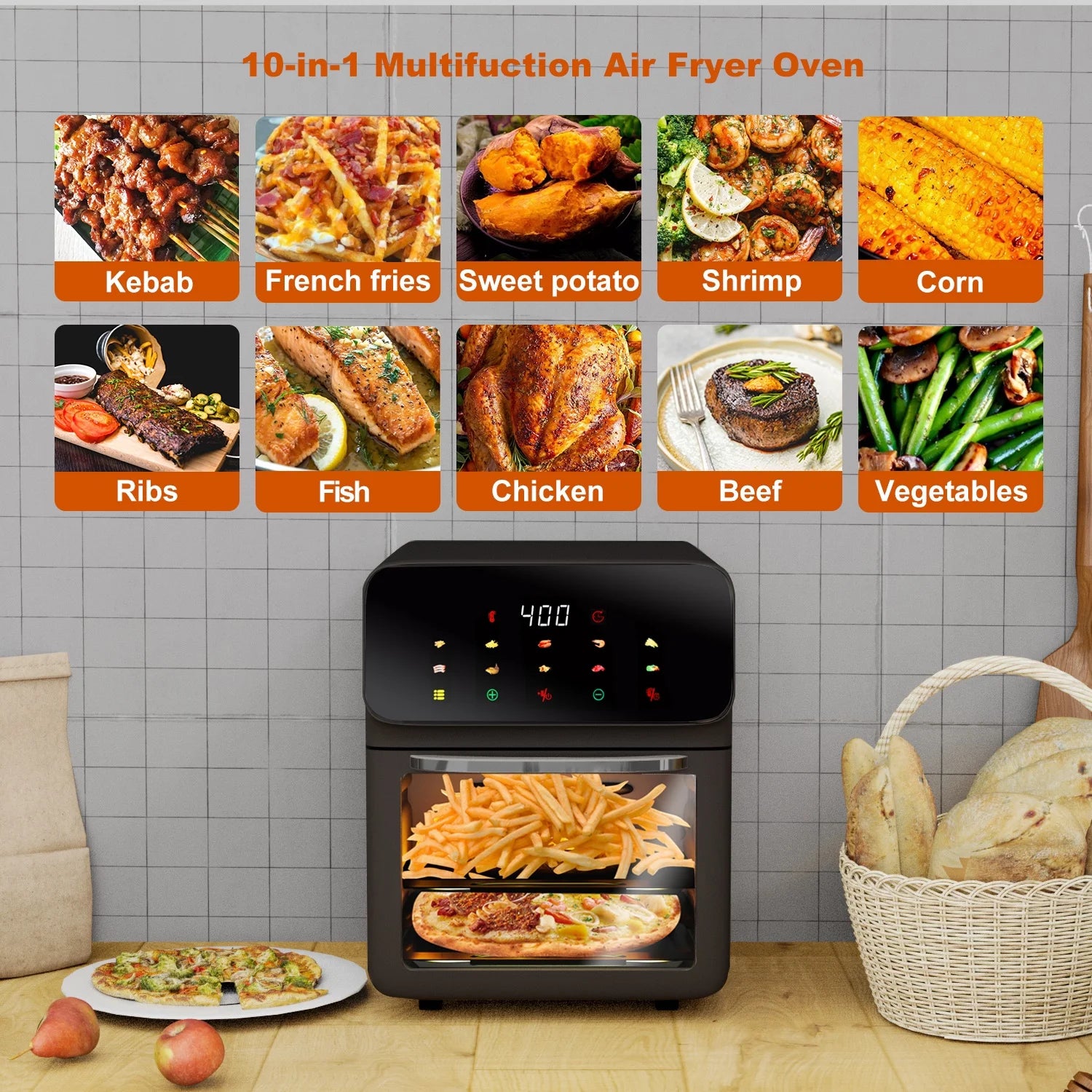 12QT Air Fryer Convection Oven - 10-in-1 Multi-Function, Touchscreen & Visible Window, Sleek Black Design