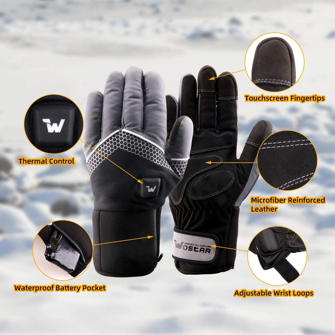 Unisex Waterproof Electric Heated Touchscreen Ski Gloves - 3 Heat Levels