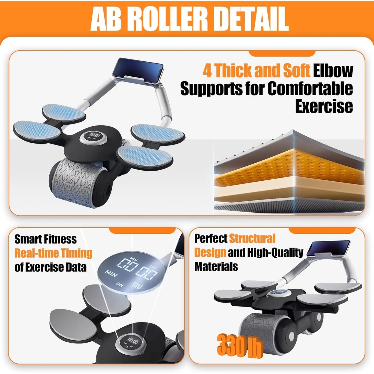  Ab Roller Wheel with Knee Mat & Timer - Ultimate Core Exercise Equipment with Elbow Support & Automatic Rebound