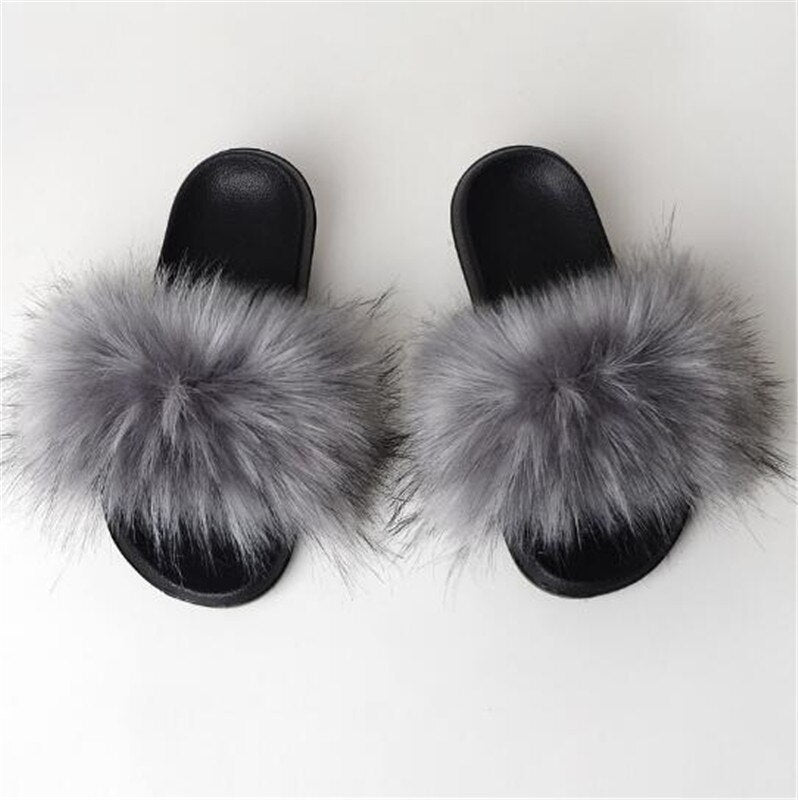 Women's Multi/Solid Colour Casual Fox Fur Slides - wonderfullyblessedandbeautifullymade