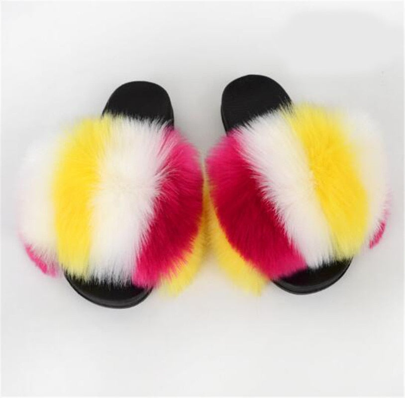 Women's Multi/Solid Colour Casual Fox Fur Slides - wonderfullyblessedandbeautifullymade