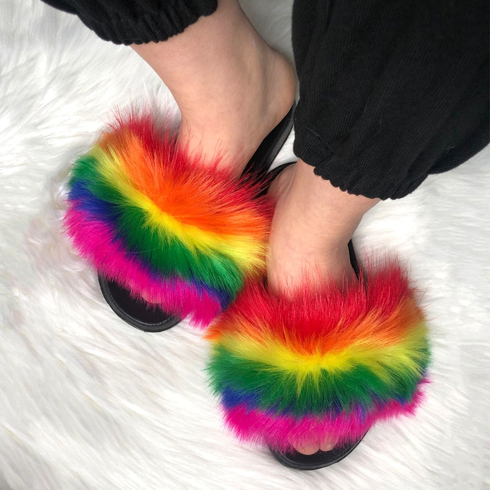 Women's Multi/Solid Colour Casual Fox Fur Slides - wonderfullyblessedandbeautifullymade