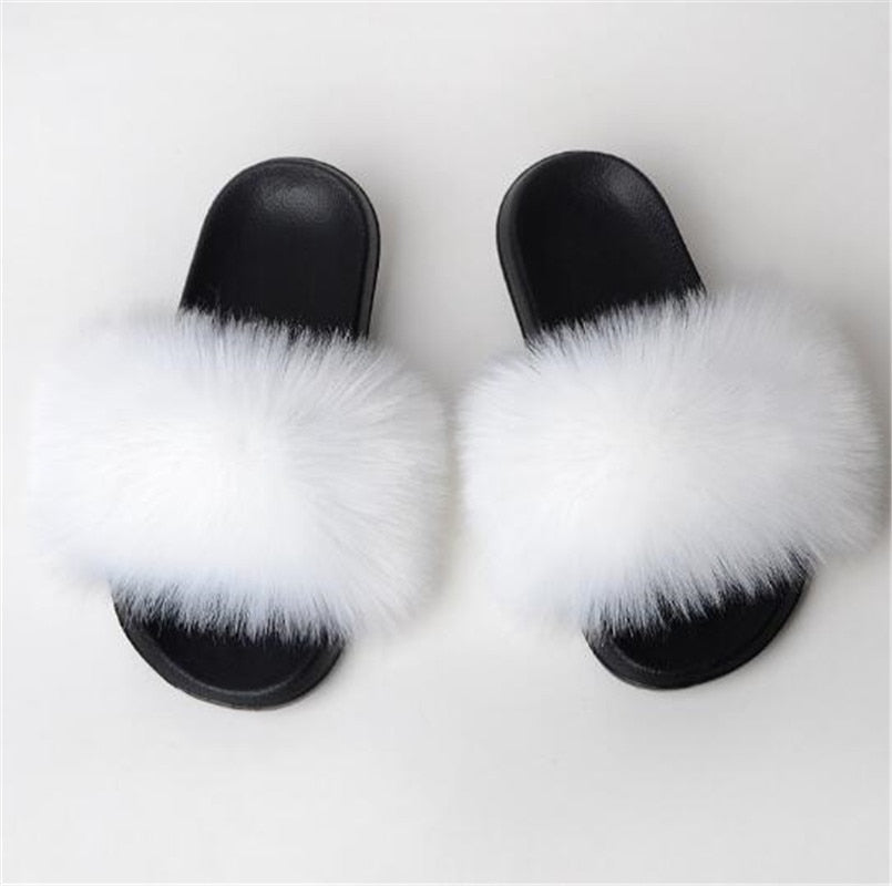 Women's Multi/Solid Colour Casual Fox Fur Slides - wonderfullyblessedandbeautifullymade