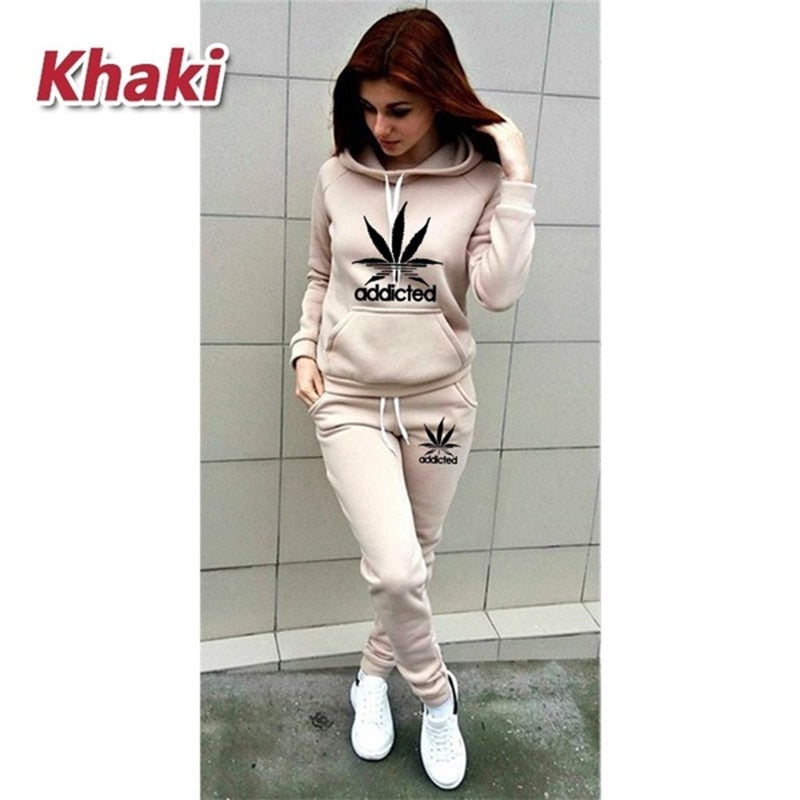 Women's Two Piece Printed Jogging Sportwear With Hoodie