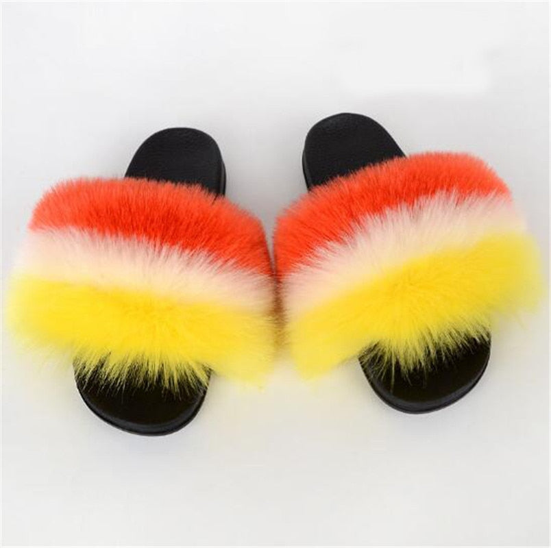 Women's Multi/Solid Colour Casual Fox Fur Slides - wonderfullyblessedandbeautifullymade