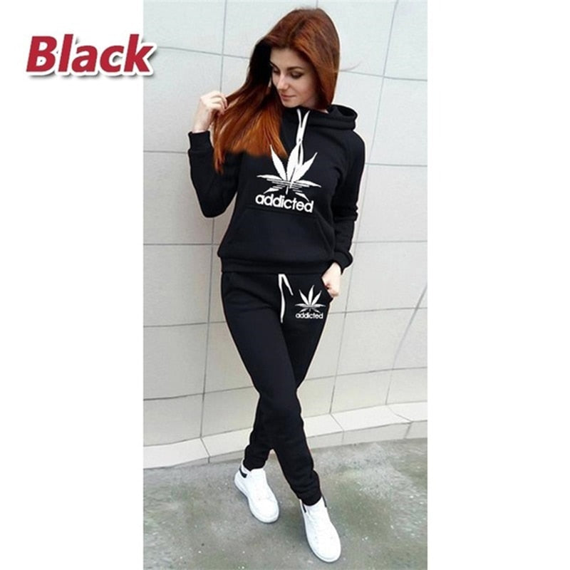 Women's Two Piece Printed Jogging Sportwear With Hoodie