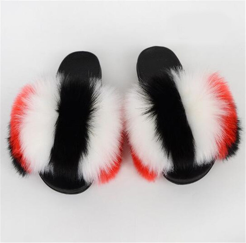 Women's Multi/Solid Colour Casual Fox Fur Slides - wonderfullyblessedandbeautifullymade