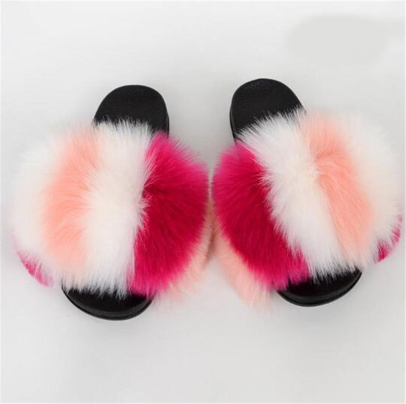 Women's Multi/Solid Colour Casual Fox Fur Slides - wonderfullyblessedandbeautifullymade