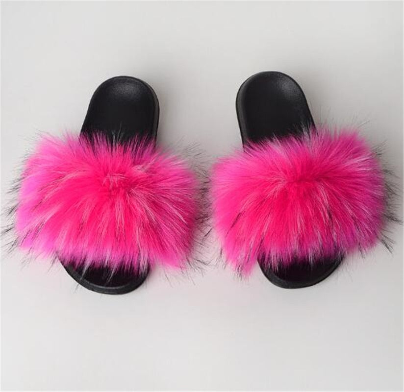 Women's Multi/Solid Colour Casual Fox Fur Slides - wonderfullyblessedandbeautifullymade