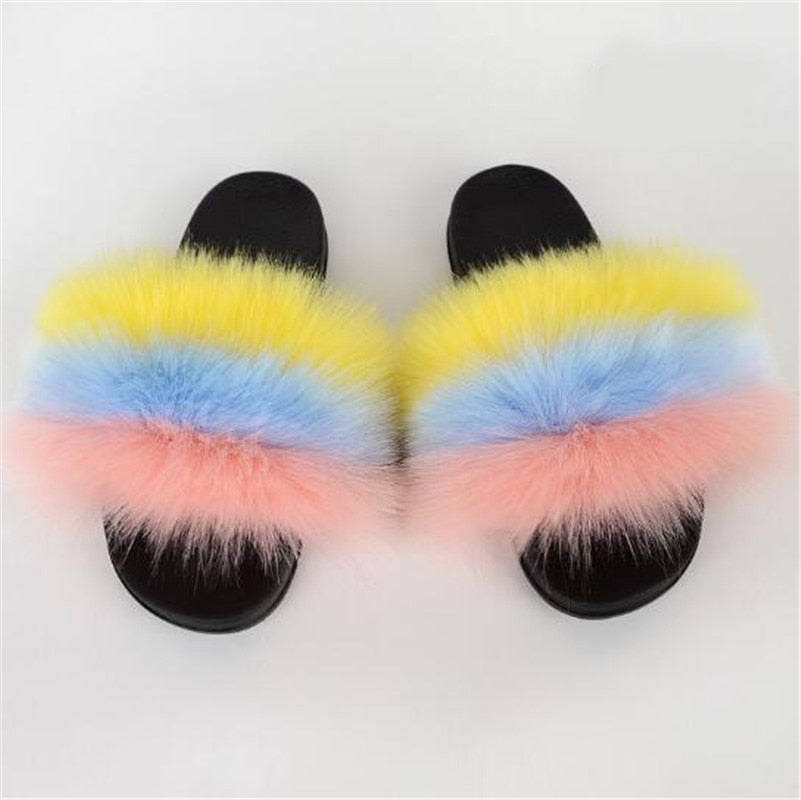 Women's Multi/Solid Colour Casual Fox Fur Slides - wonderfullyblessedandbeautifullymade