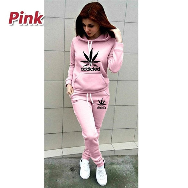 Women's Two Piece Printed Jogging Sportwear With Hoodie