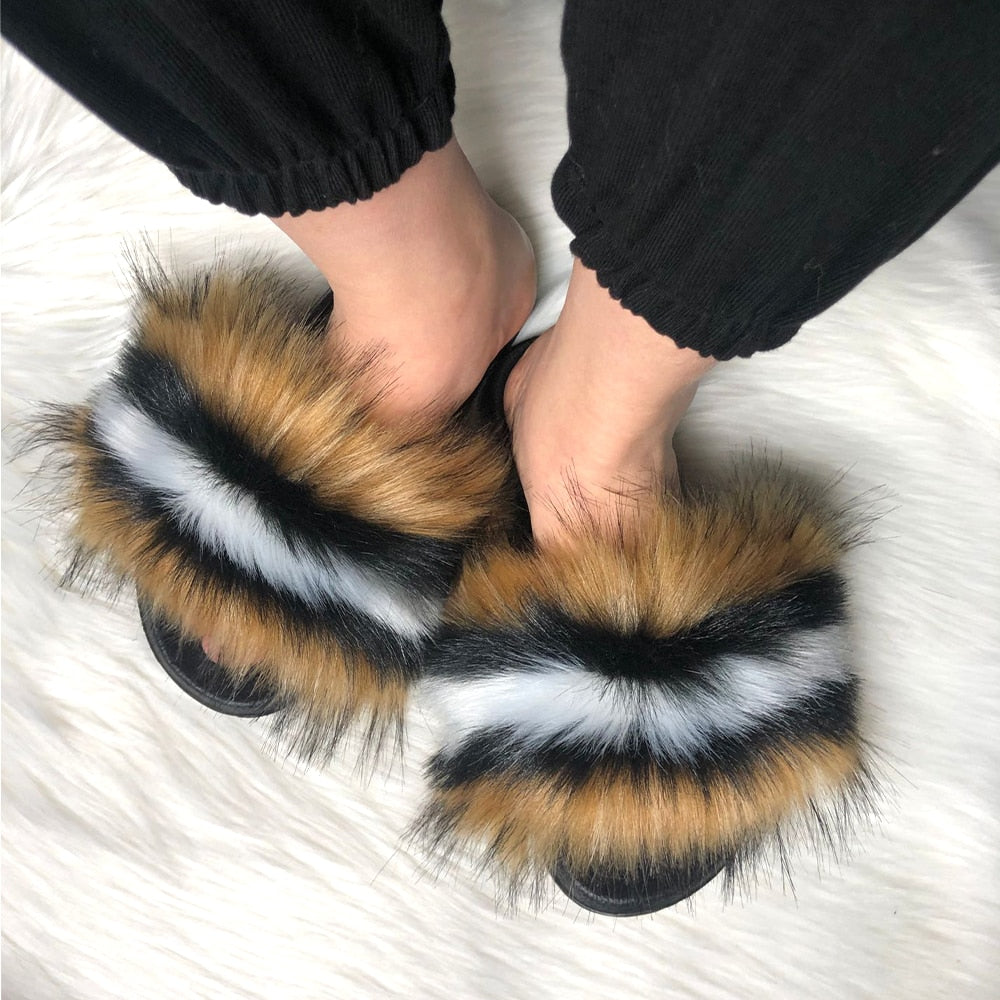 Women's Multi/Solid Colour Casual Fox Fur Slides - wonderfullyblessedandbeautifullymade