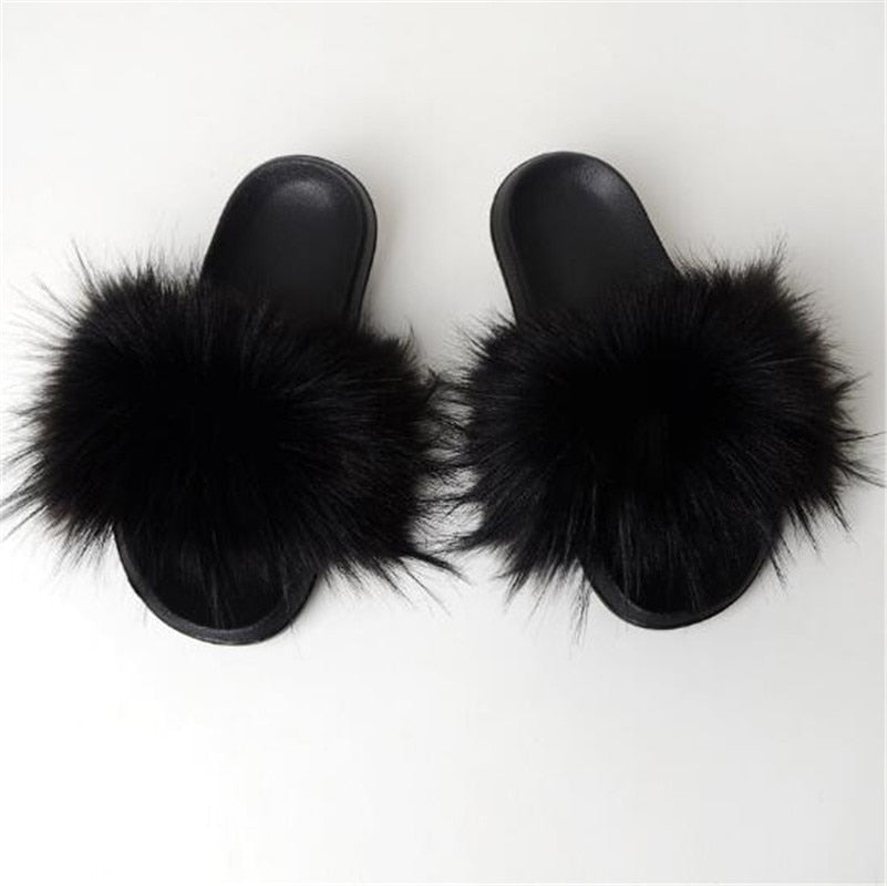 Women's Multi/Solid Colour Casual Fox Fur Slides - wonderfullyblessedandbeautifullymade