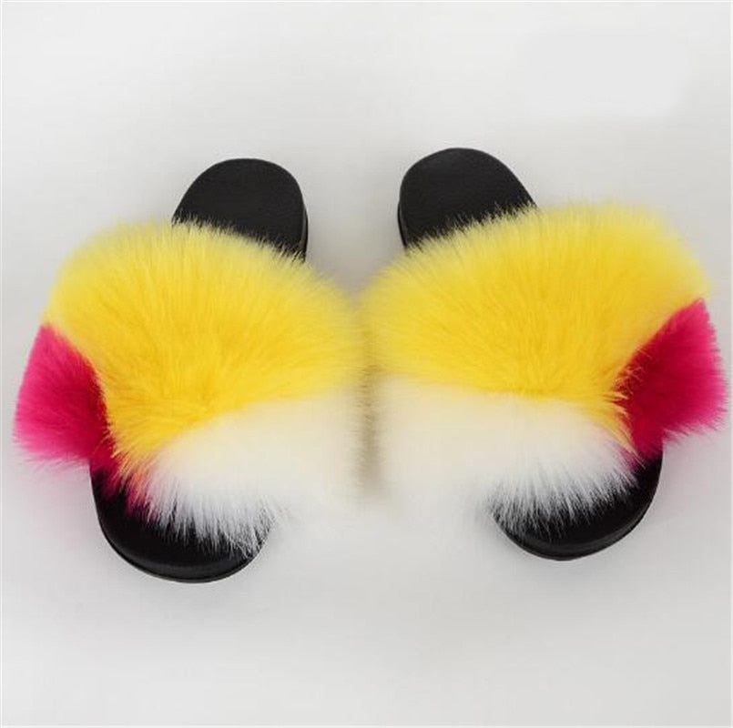 Women's Multi/Solid Colour Casual Fox Fur Slides - wonderfullyblessedandbeautifullymade