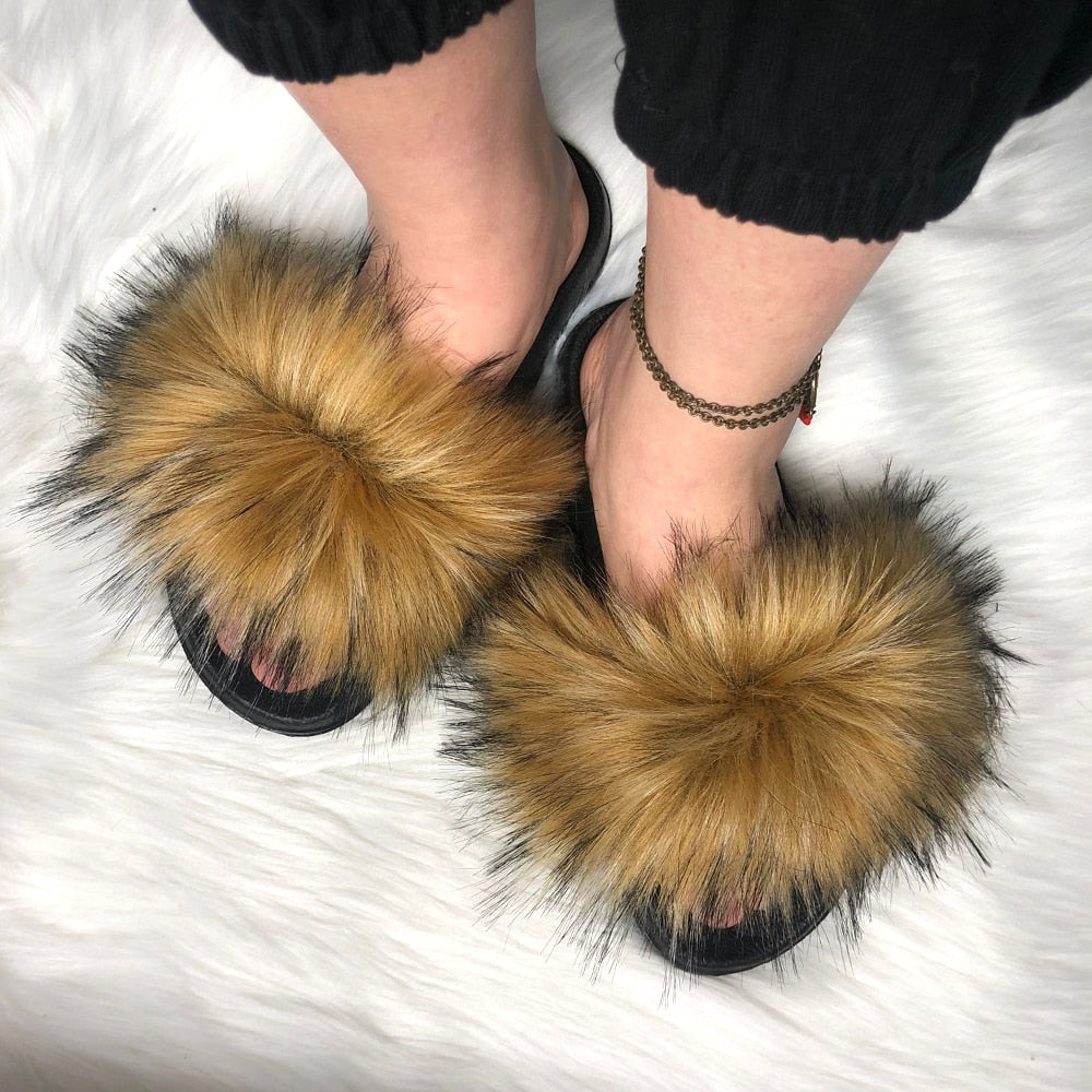 Women's Multi/Solid Colour Casual Fox Fur Slides - wonderfullyblessedandbeautifullymade