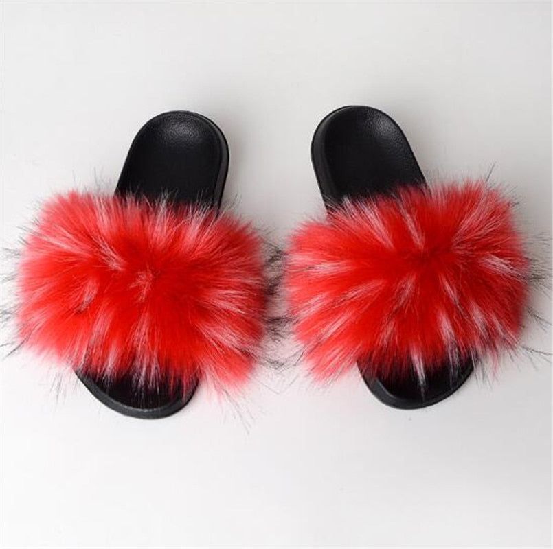 Women's Multi/Solid Colour Casual Fox Fur Slides - wonderfullyblessedandbeautifullymade