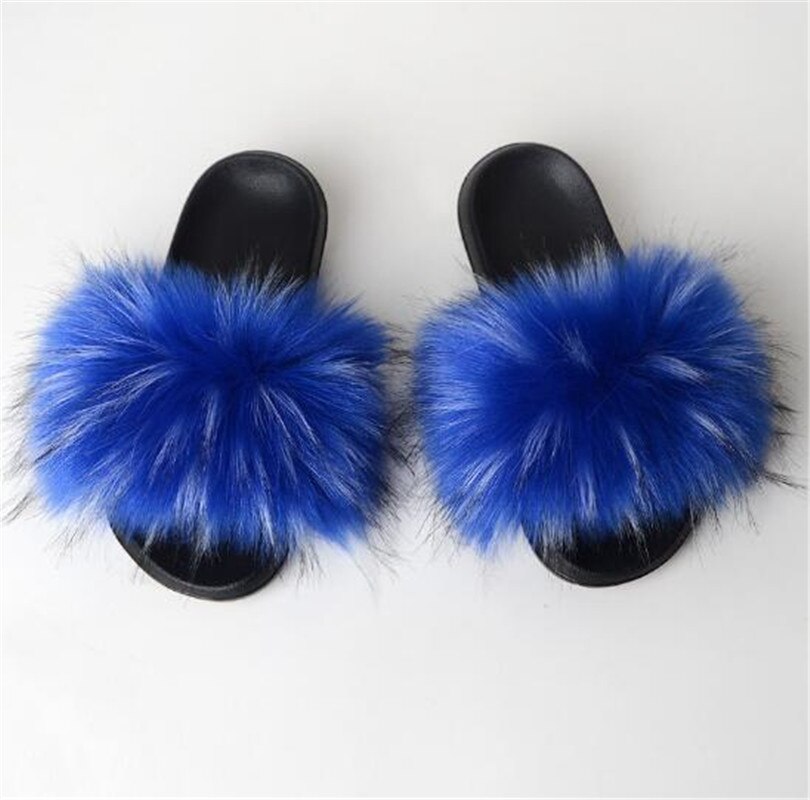 Women's Multi/Solid Colour Casual Fox Fur Slides - wonderfullyblessedandbeautifullymade