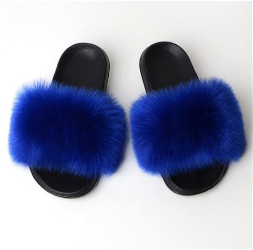 Women's Multi/Solid Colour Casual Fox Fur Slides - wonderfullyblessedandbeautifullymade