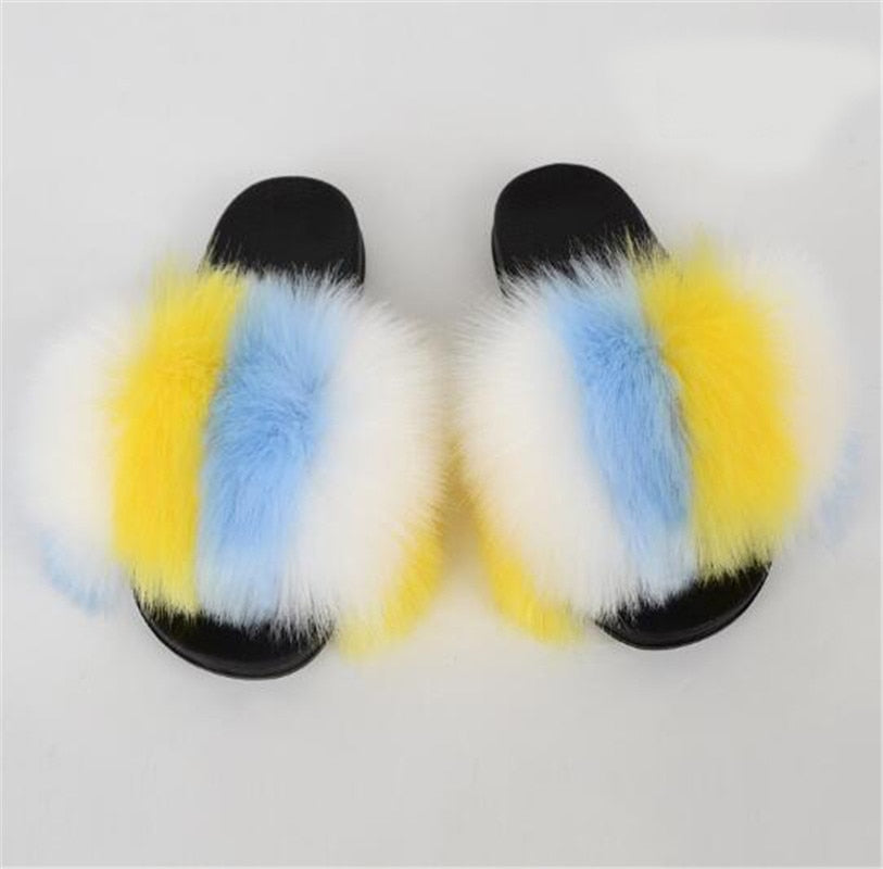 Women's Multi/Solid Colour Casual Fox Fur Slides - wonderfullyblessedandbeautifullymade