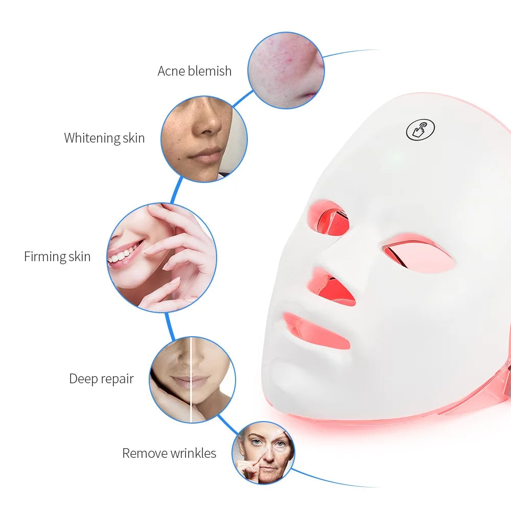 Rechargeable Facial LED Mask for Skin Rejuvenation and Whitening Beauty Device with 7 Colors Photon Therapy Ideal for Home Use