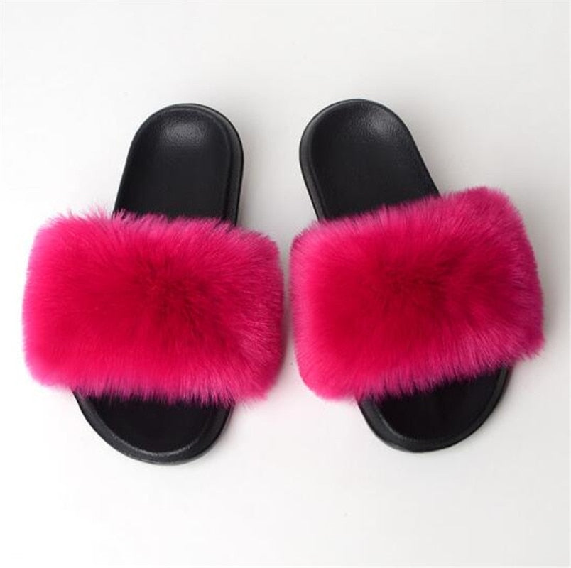 Women's Multi/Solid Colour Casual Fox Fur Slides - wonderfullyblessedandbeautifullymade