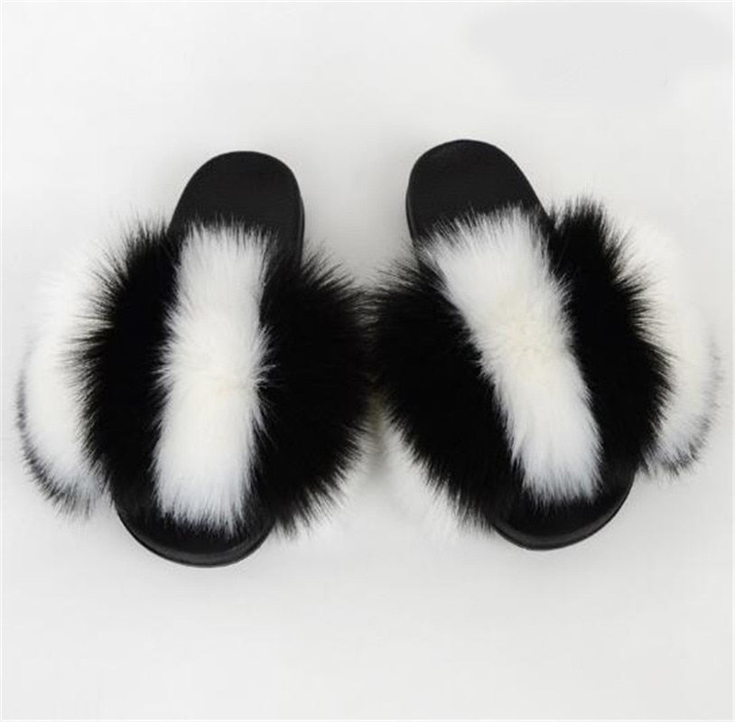 Women's Multi/Solid Colour Casual Fox Fur Slides - wonderfullyblessedandbeautifullymade