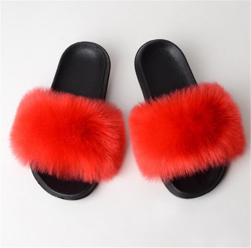 Women's Multi/Solid Colour Casual Fox Fur Slides - wonderfullyblessedandbeautifullymade