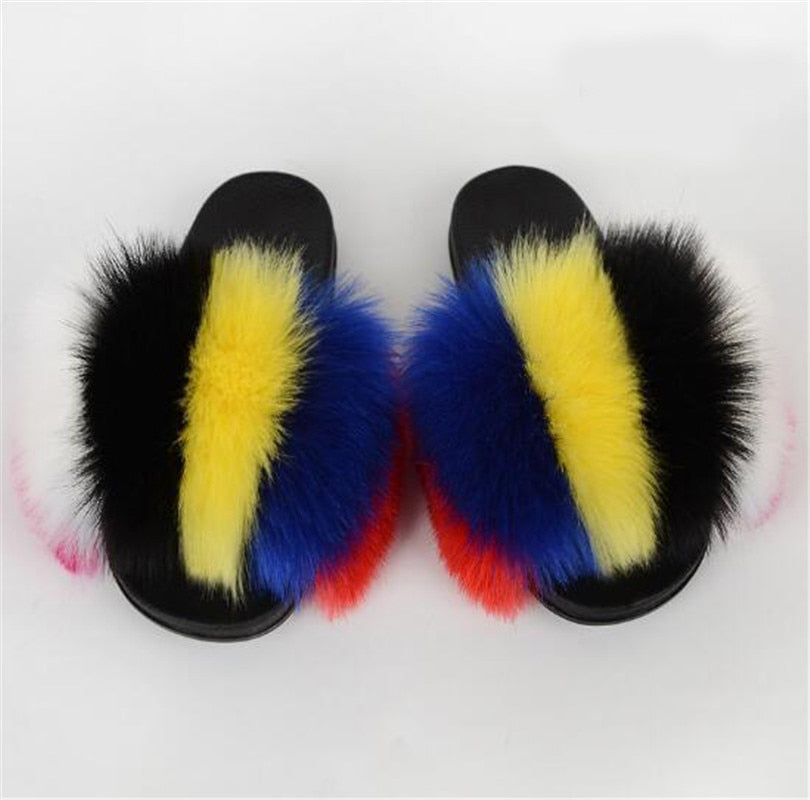 Women's Multi/Solid Colour Casual Fox Fur Slides - wonderfullyblessedandbeautifullymade