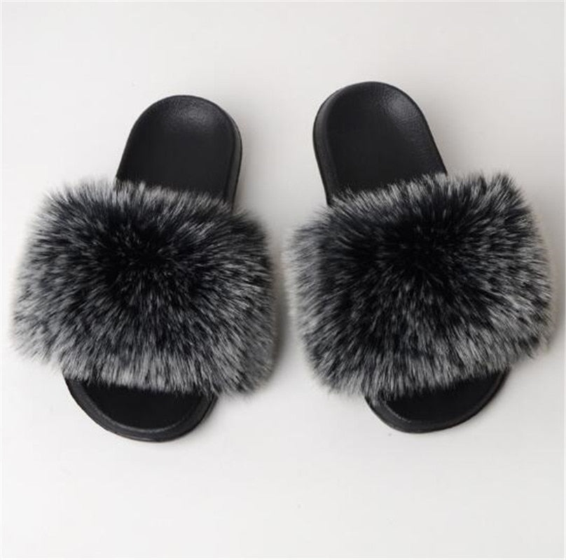 Women's Multi/Solid Colour Casual Fox Fur Slides - wonderfullyblessedandbeautifullymade