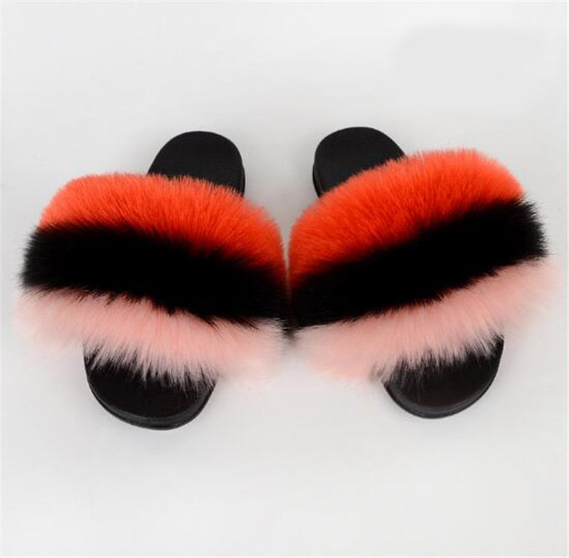 Women's Multi/Solid Colour Casual Fox Fur Slides - wonderfullyblessedandbeautifullymade