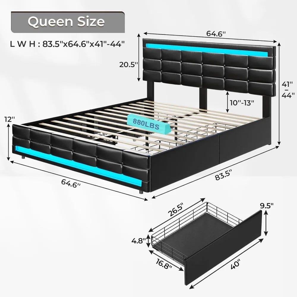 Adjustable Queen Bed Frame with LED Lights Leather Platform Black Outline with Storage Drawers and Charging Station