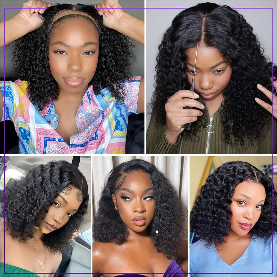 Deep Wave 13x4  Curly Bob Human Hair Transparent 180% Density Lace Frontal Wigs