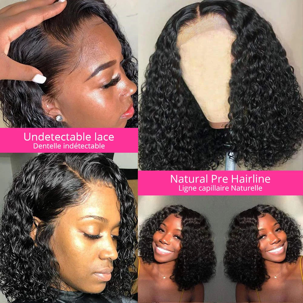 Deep Wave 13x4  Curly Bob Human Hair Transparent 180% Density Lace Frontal Wigs