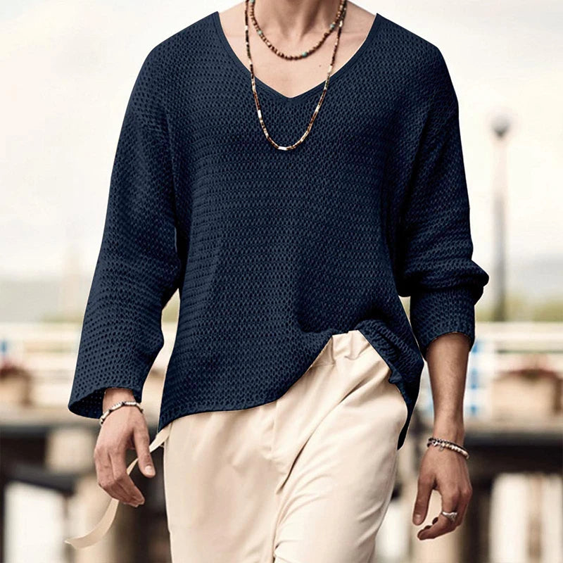 Men's Solid Color Knit V Neck Long Sleeve Hollow Out Loose Shirt