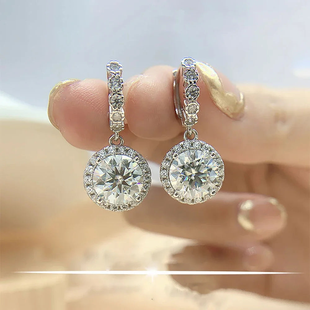 Round Cut Diamond  Moissanite  Silver Drop Hoop Earrings