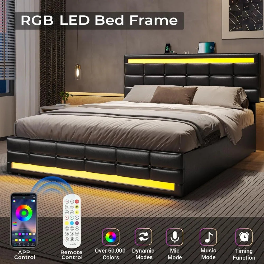 Adjustable Queen Bed Frame with LED Lights Leather Platform Black Outline with Storage Drawers and Charging Station