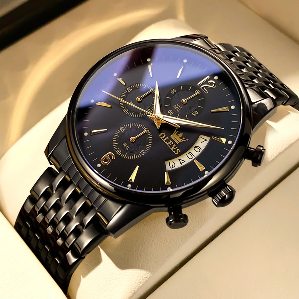 Men's Luminous Complete Calendar Moon Phase Water Resistant Stainless Steel  Wristwatch - wonderfullyblessedandbeautifullymade