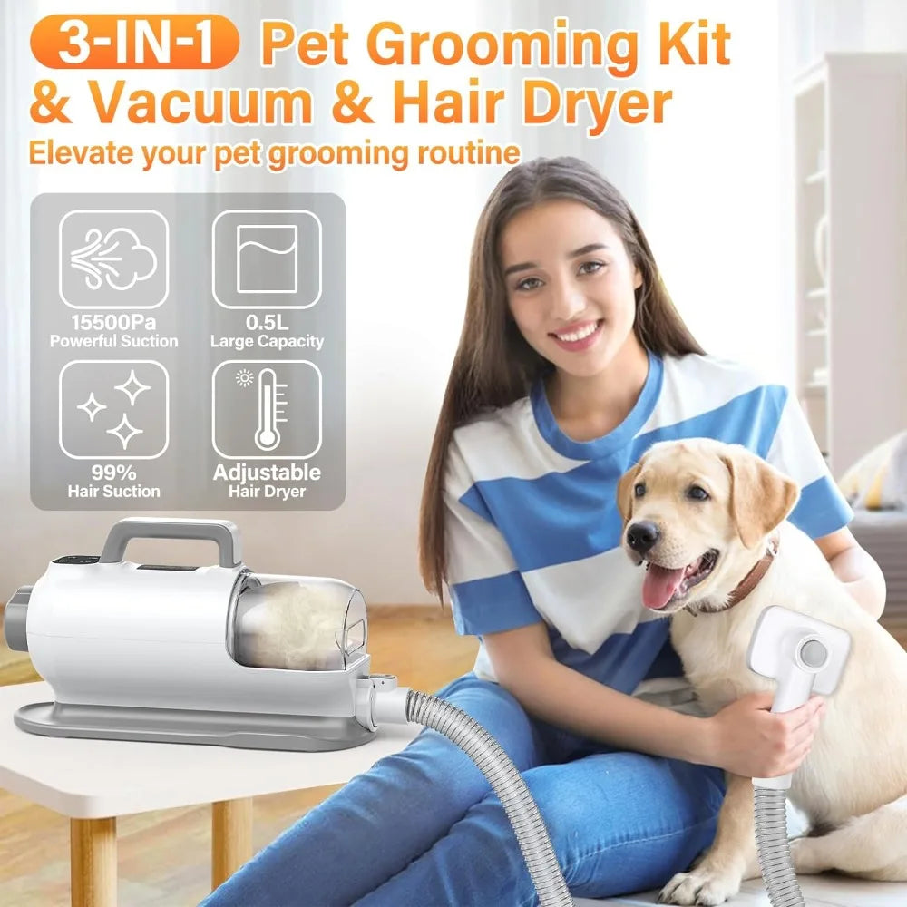 Dog Grooming Kit with 99% Pet Hair Suction Dryer Clippers for Shedding Control