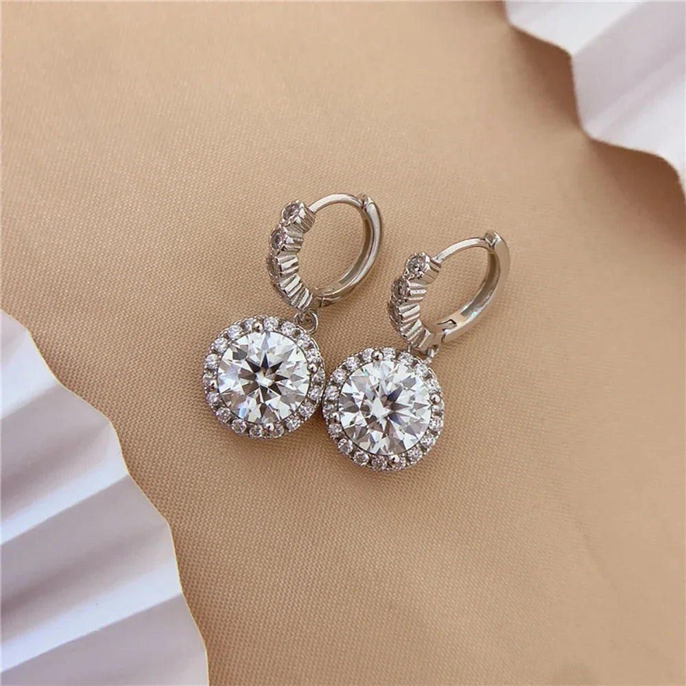 Round Cut Diamond  Moissanite  Silver Drop Hoop Earrings