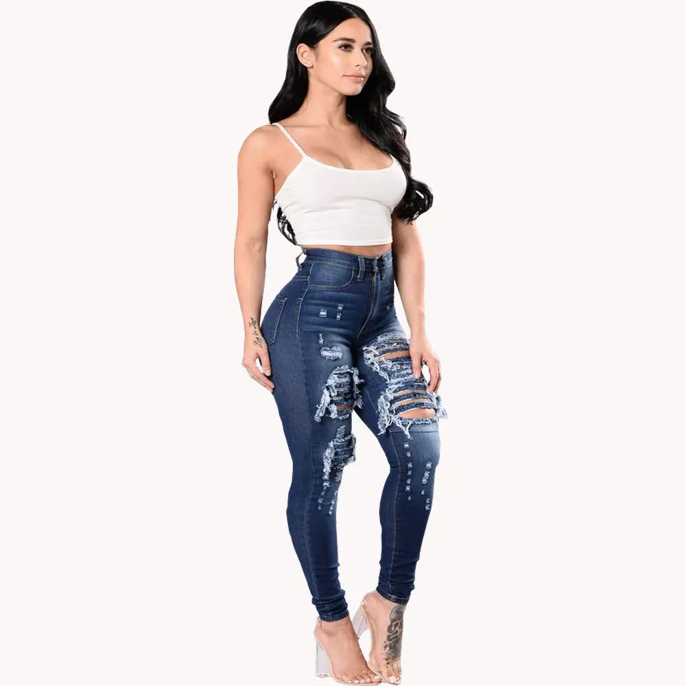 Women's High Waist Slim Elastic Fashion Ripped Casual Denim Jeans