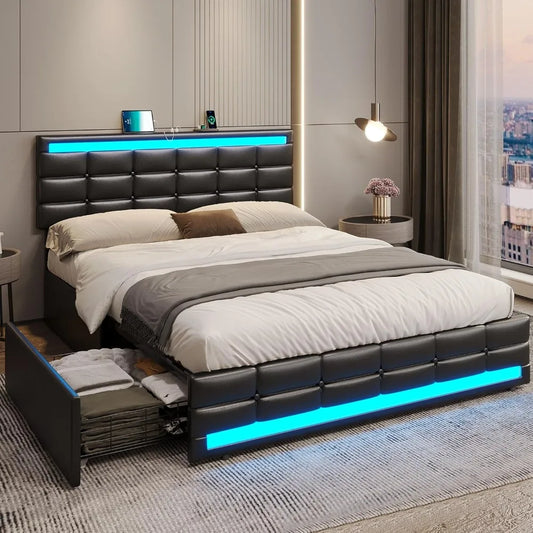 Adjustable Queen Bed Frame with LED Lights Leather Platform Black Outline with Storage Drawers and Charging Station