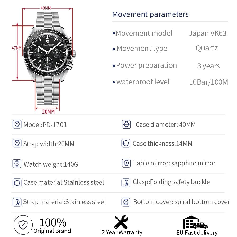 Men's Pagani Design Luxury Green Luminous Shock Resistant Chronography Complete Calendar Water Resistant Stainless Steel Wristwatch - wonderfullyblessedandbeautifullymade