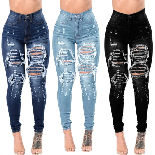 Women's High Waist Slim Elastic Fashion Ripped Casual Denim Jeans